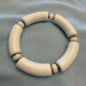 White Tubular Bead Stretch Bracelet with Gold Accent Rings